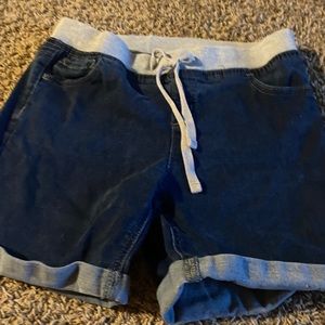 Denim shorts. Nice strong stretch waist band with tie.